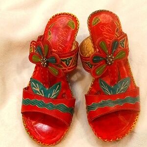 ELITE by Corky"s Hand Painted Wedge Sandals Red, Bright Green & Turquoise